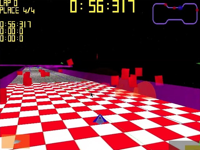 A blue player ship fires missiles at some debris on the track, exploding it.
